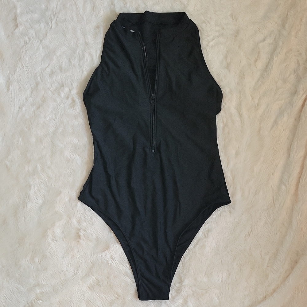 Black Sleeveless Zip-Up Bodysuit